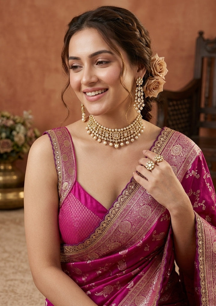 Wine Silk Banarasi Gold Stonework Saree With Matching Blouse Piece