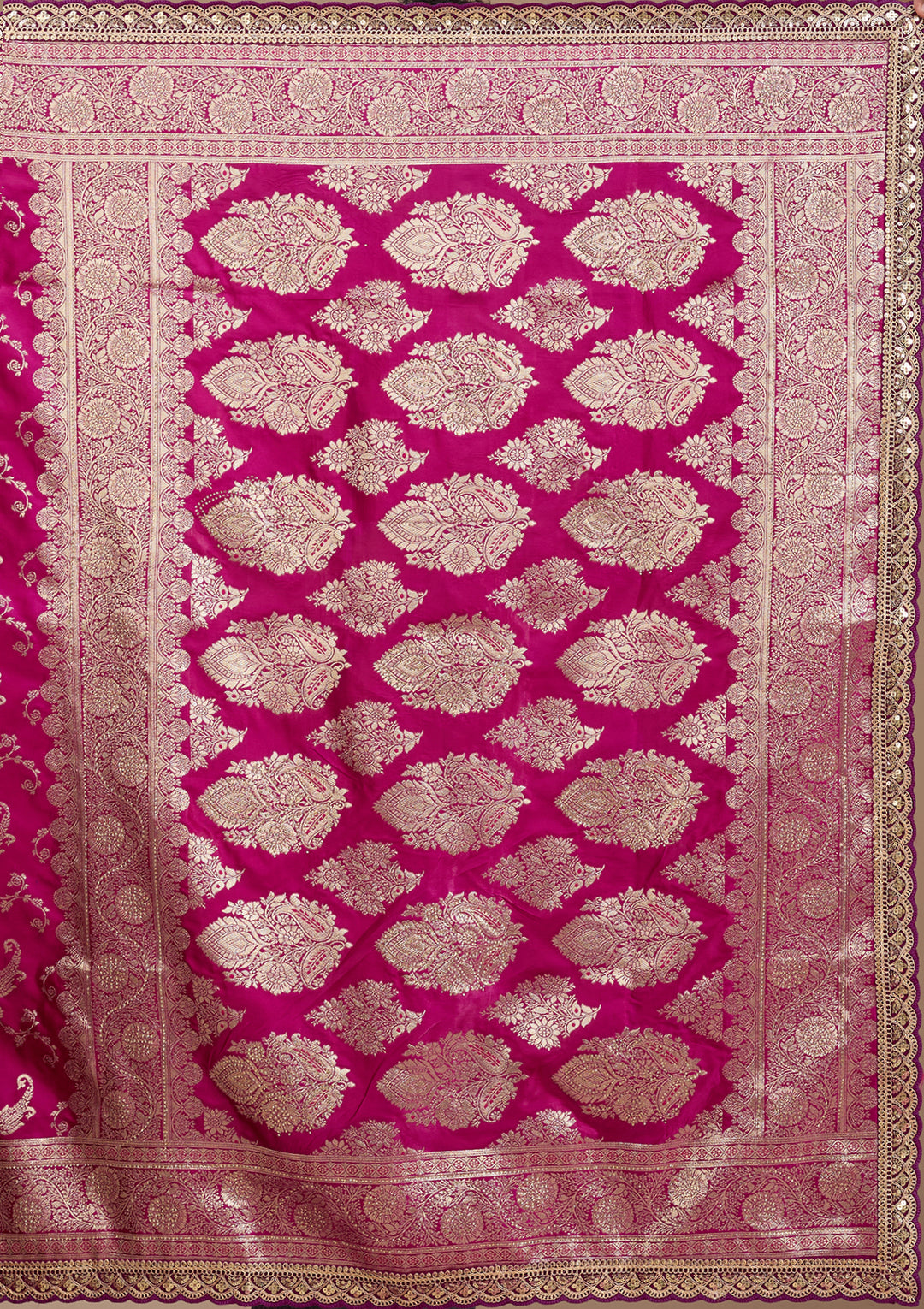 Wine Silk Banarasi Gold Stonework Saree With Matching Blouse Piece