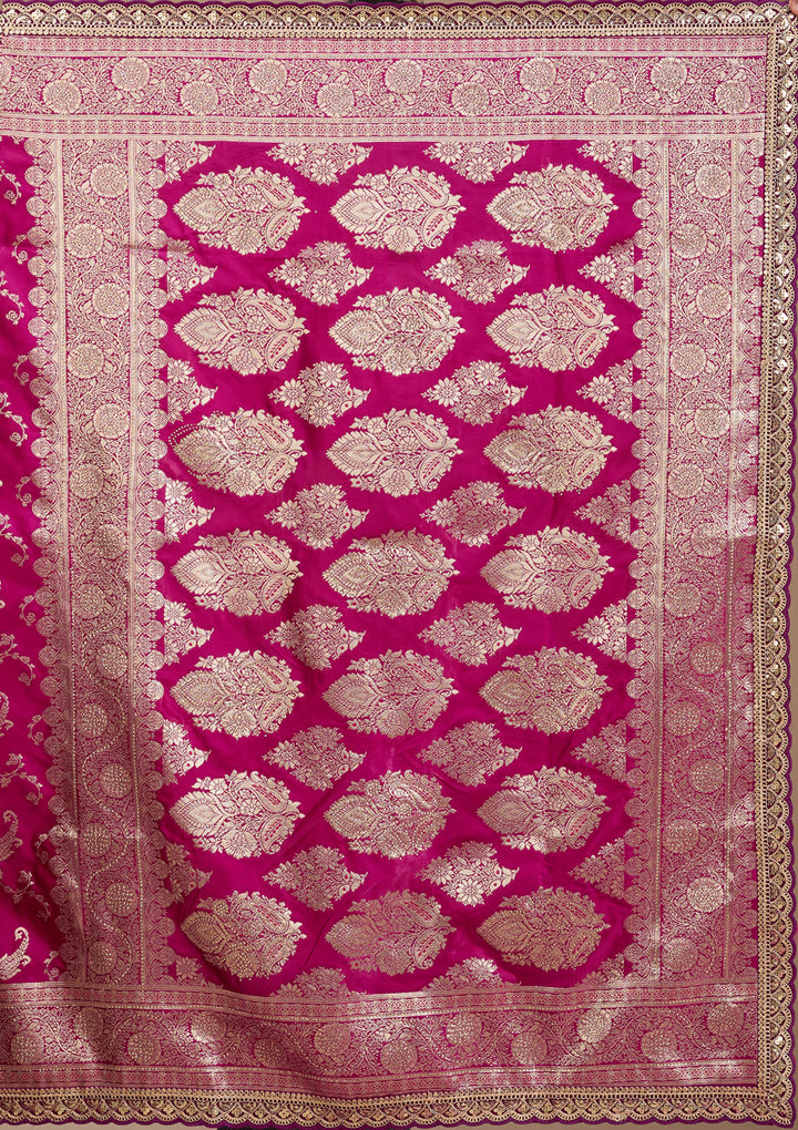 Wine Silk Banarasi Gold Stonework Saree With Matching Blouse Piece