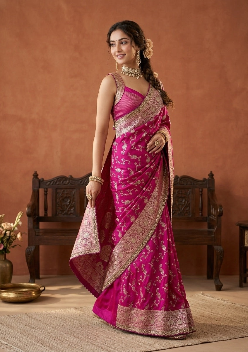 Wine Silk Banarasi Gold Stonework Saree With Matching Blouse Piece