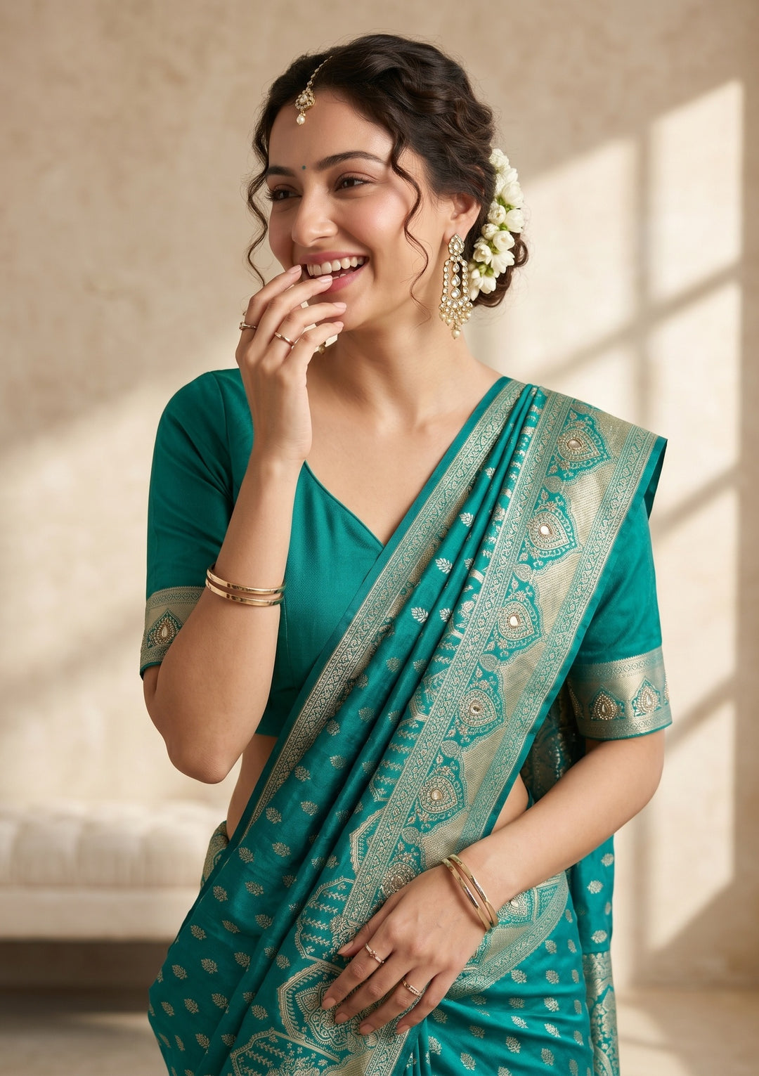 Rama Green Silk Buti Gold Stonework Saree With Matching Blouse Piece
