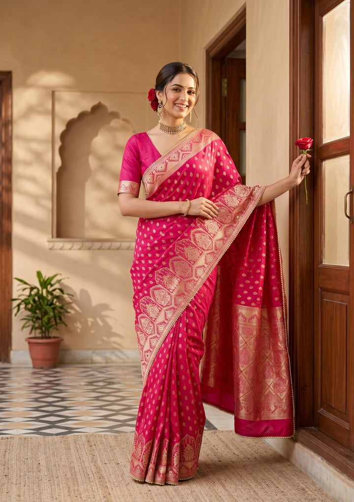 Rani Pink Silk Buti Gold Stonework Saree With Matching Blouse Piece
