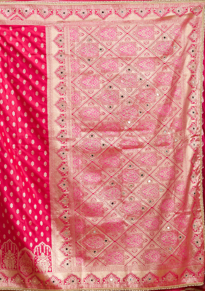 Rani Pink Silk Buti Gold Stonework Saree With Matching Blouse Piece