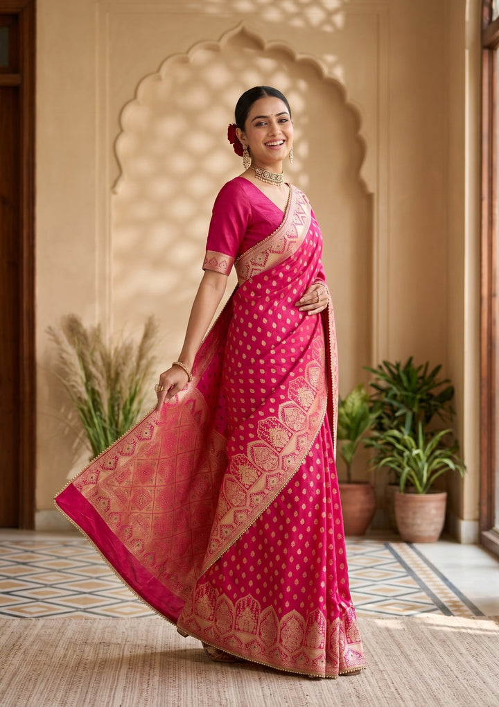 Rani Pink Silk Buti Gold Stonework Saree With Matching Blouse Piece