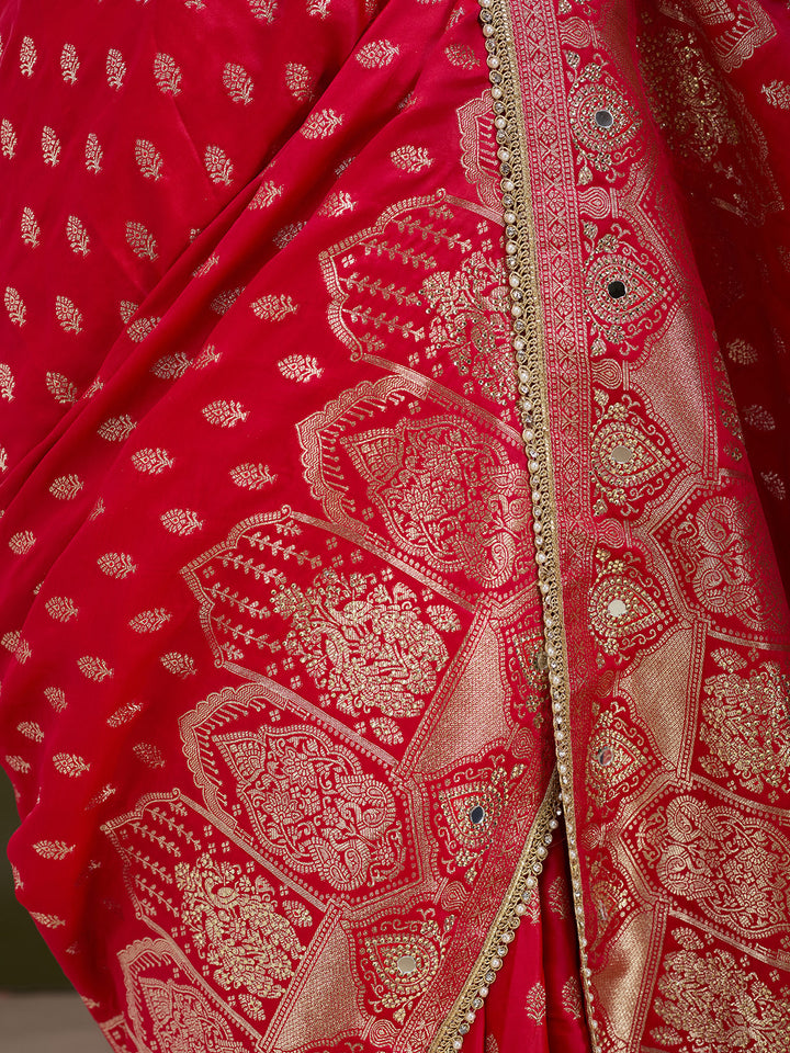 Red Silk Buti Gold Stonework Saree With Matching Blouse Piece