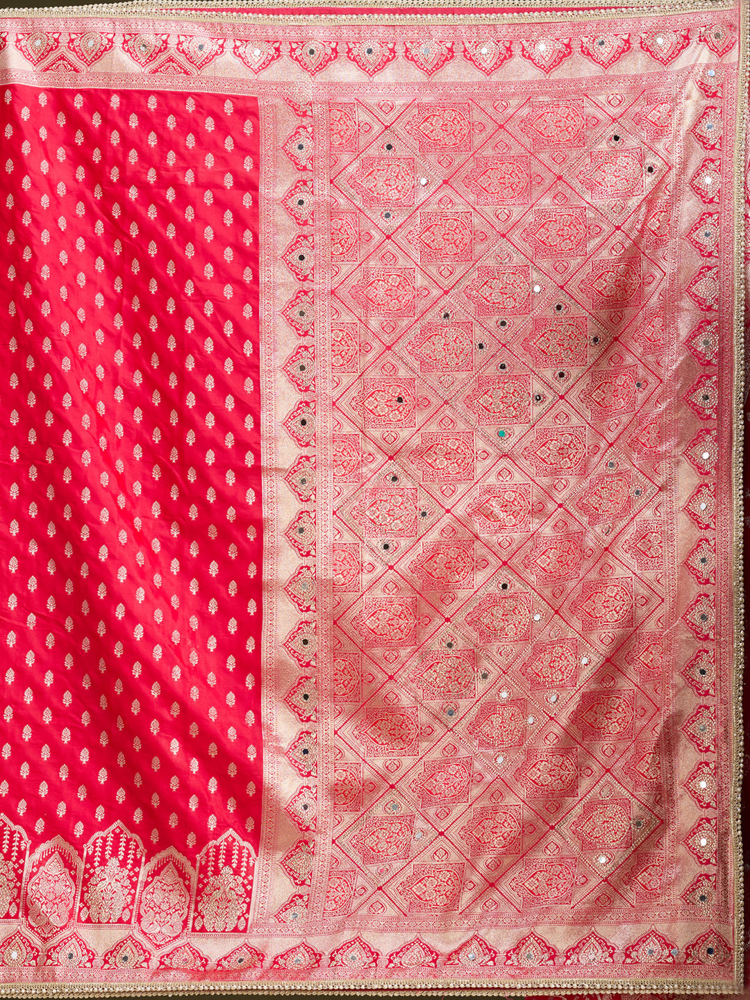 Red Silk Buti Gold Stonework Saree With Matching Blouse Piece