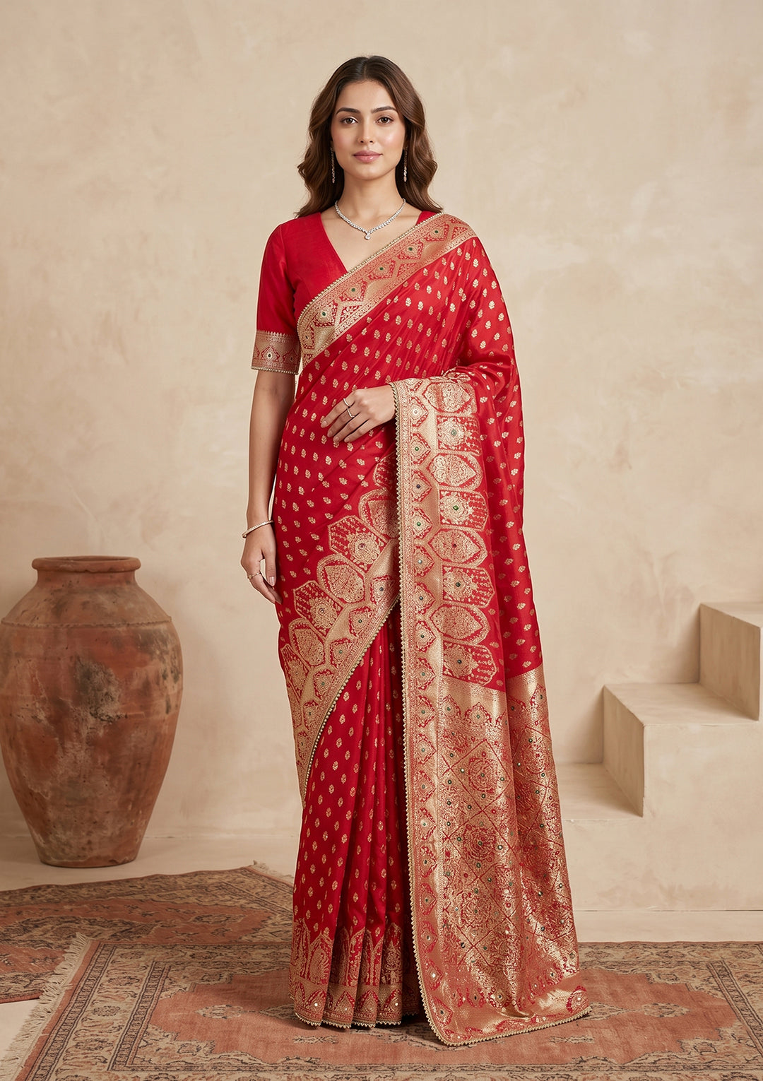 Red Silk Buti Gold Stonework Saree With Matching Blouse Piece