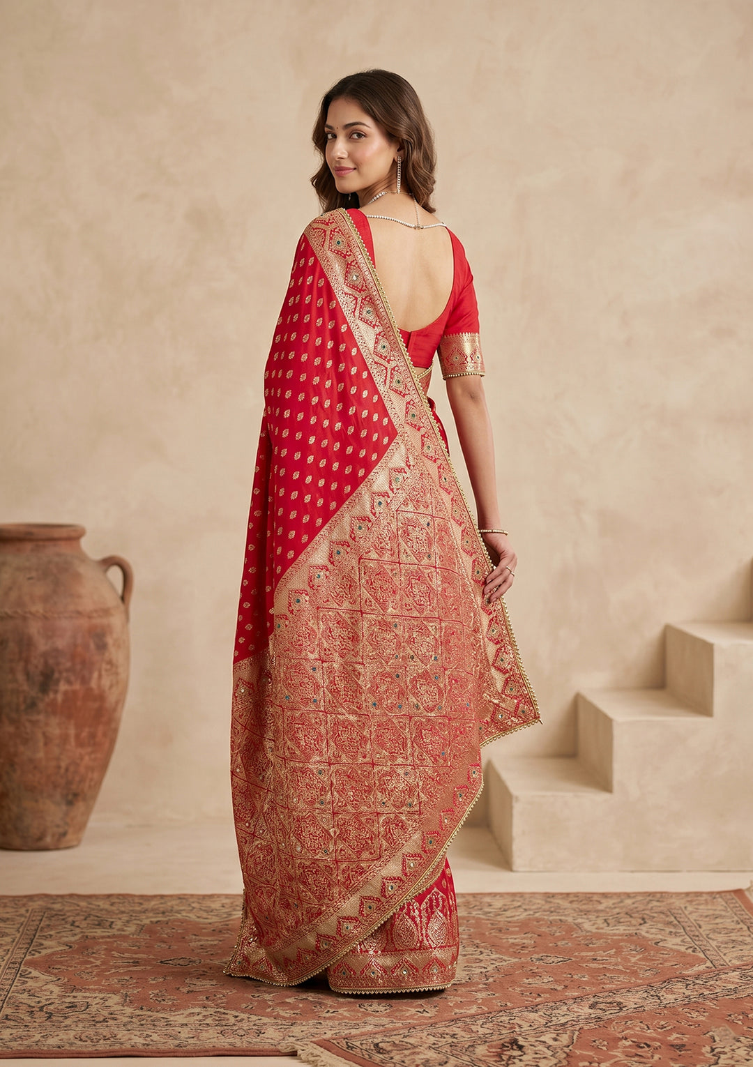 Red Silk Buti Gold Stonework Saree With Matching Blouse Piece