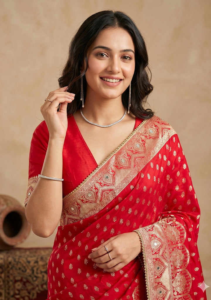Red Silk Buti Gold Stonework Saree With Matching Blouse Piece