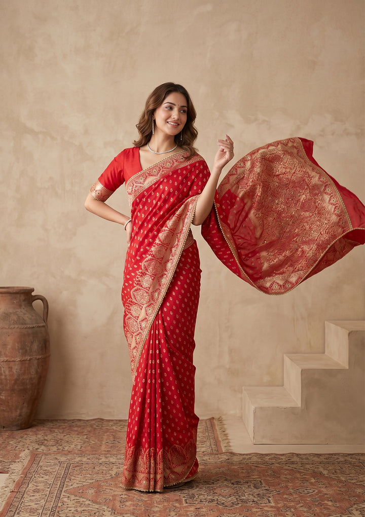 Red Silk Buti Gold Stonework Saree With Matching Blouse Piece