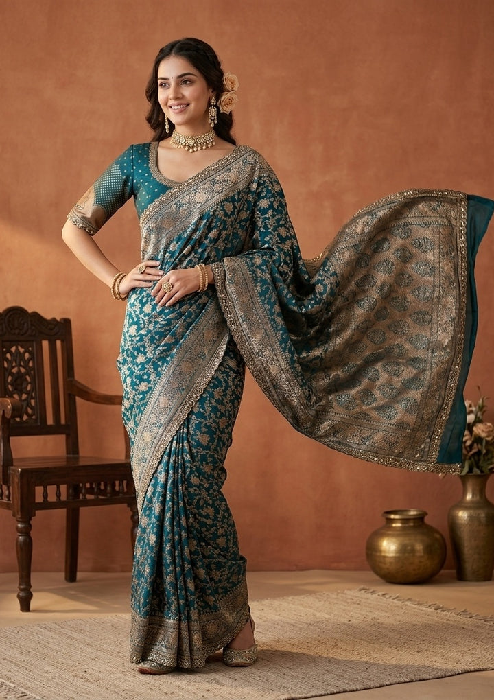 Peacock Blue Silk Jaal Sequins Saree With Matching Blouse Piece