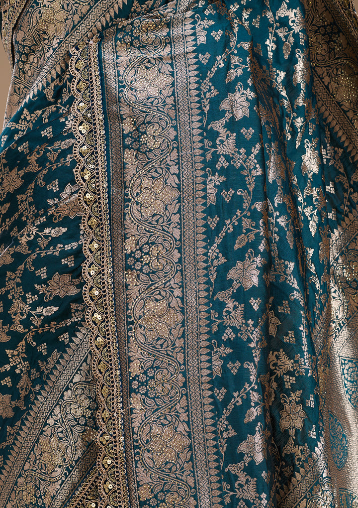 Peacock Blue Silk Jaal Sequins Saree With Matching Blouse Piece