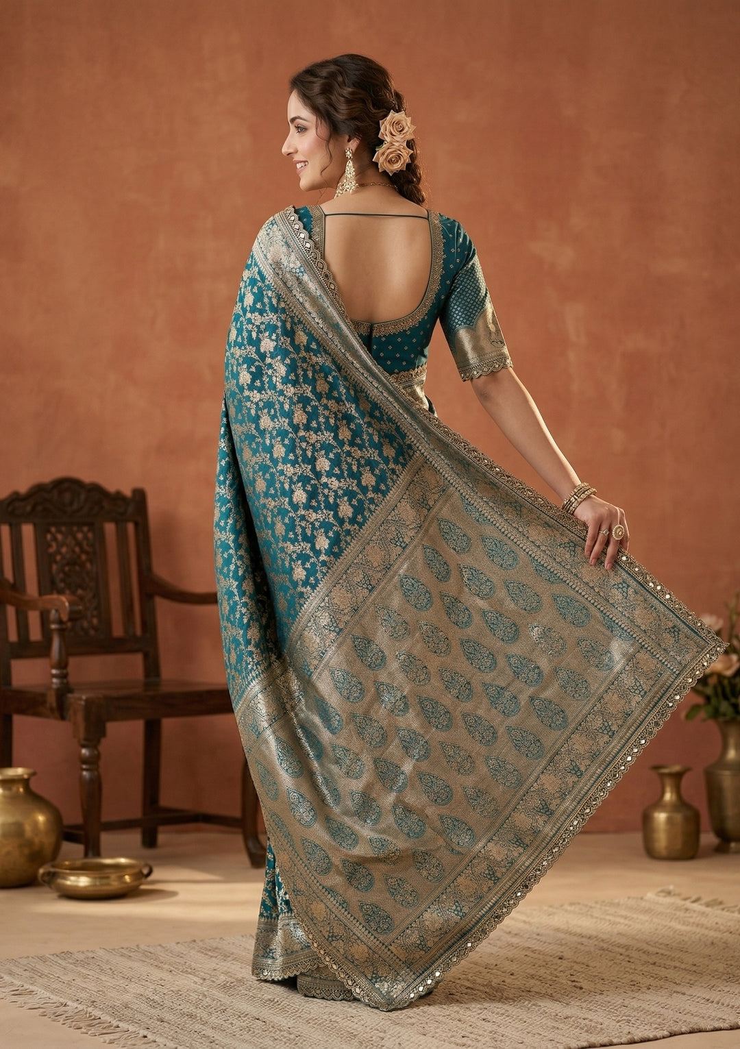 Peacock Blue Silk Jaal Sequins Saree With Matching Blouse Piece