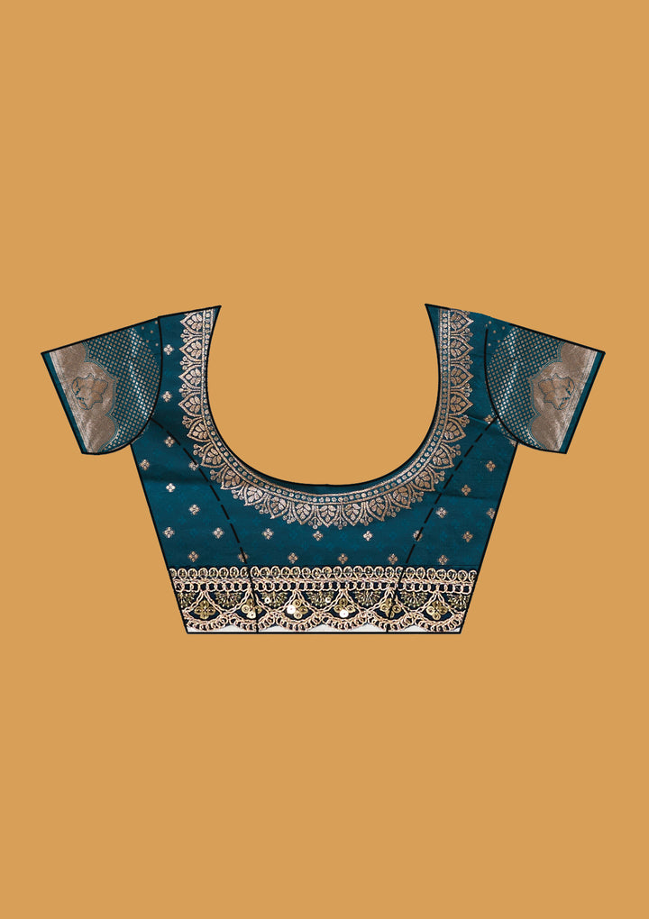 Peacock Blue Silk Jaal Sequins Saree With Matching Blouse Piece
