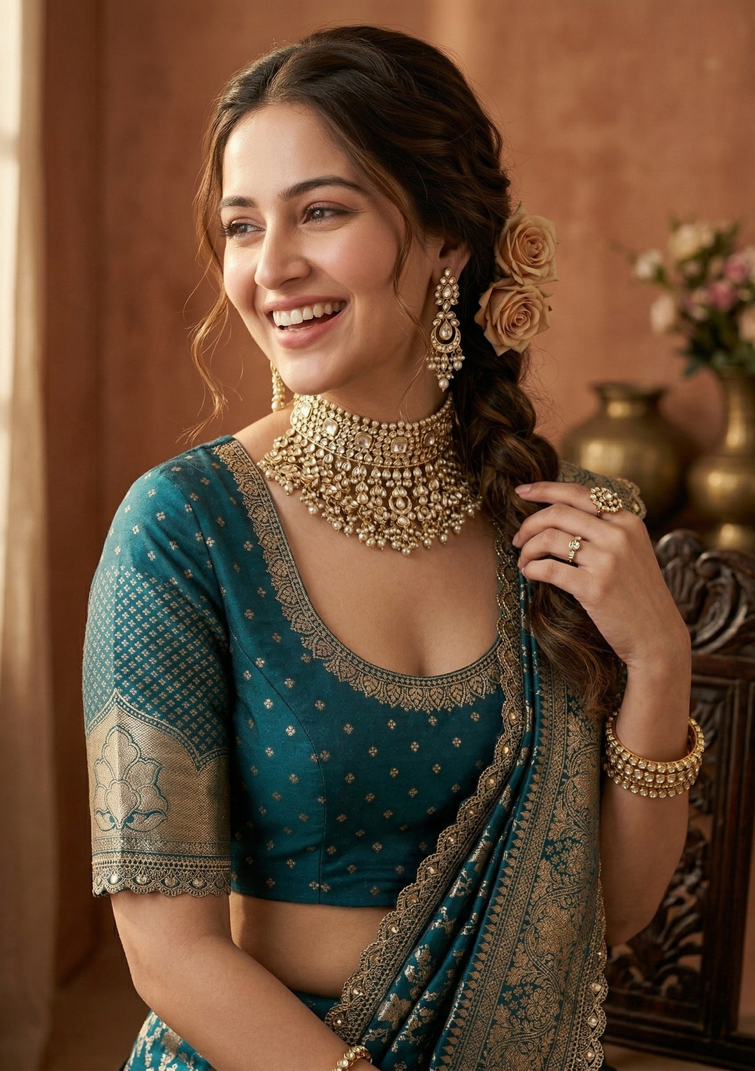 Peacock Blue Silk Jaal Sequins Saree With Matching Blouse Piece
