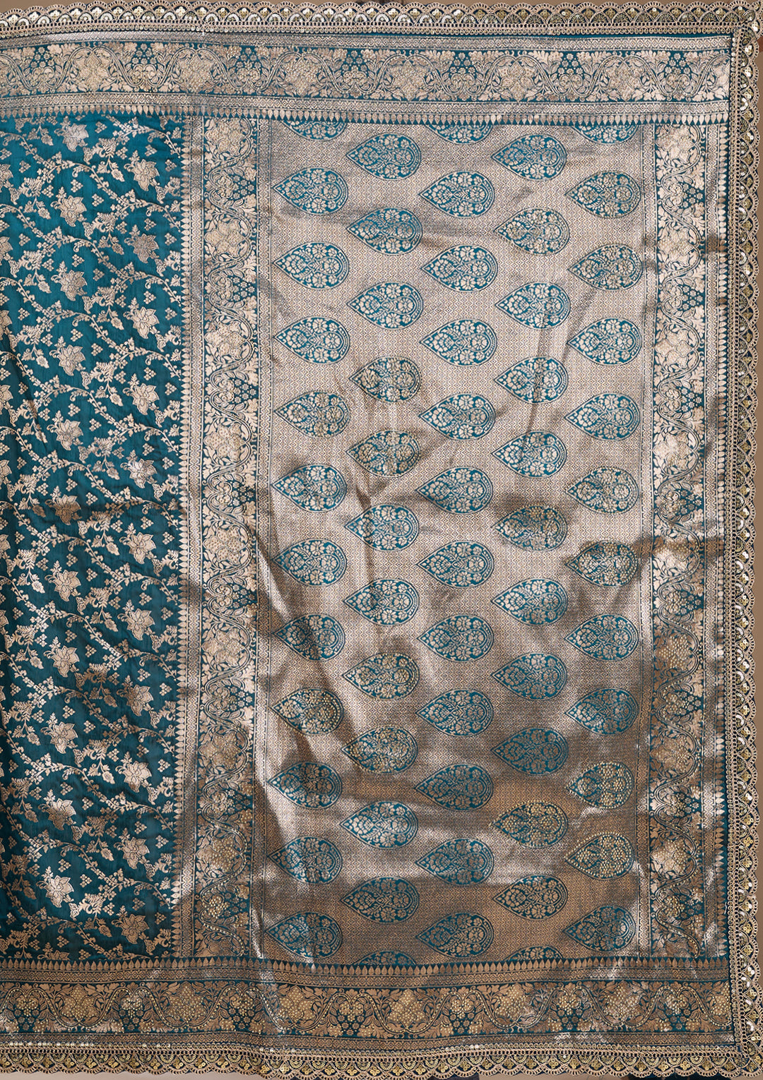 Peacock Blue Silk Jaal Sequins Saree With Matching Blouse Piece