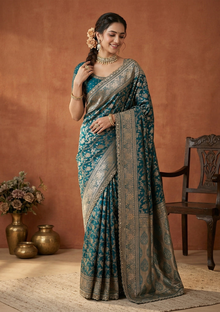 Peacock Blue Silk Jaal Sequins Saree With Matching Blouse Piece