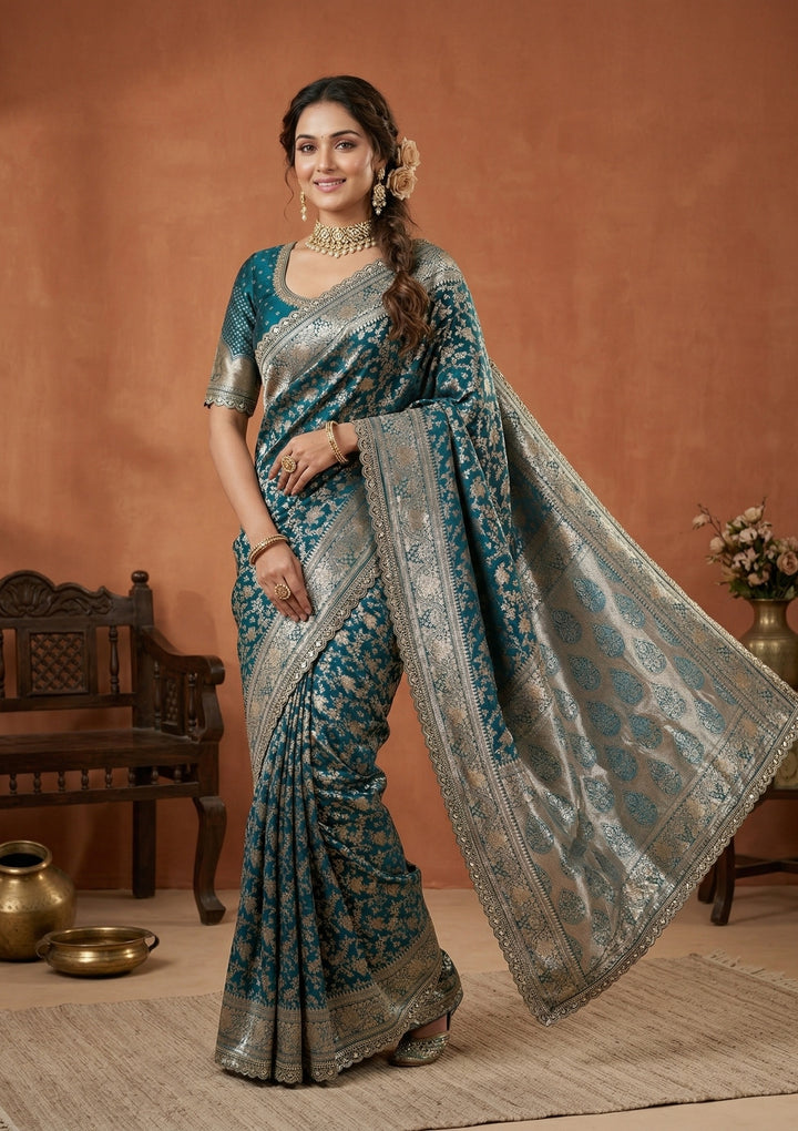 Peacock Blue Silk Jaal Sequins Saree With Matching Blouse Piece
