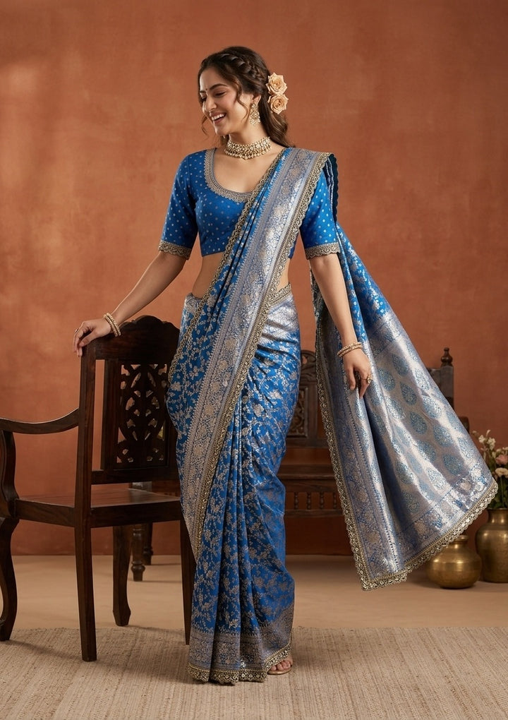 Royal Blue Silk Jaal Sequins Saree With Matching Blouse Piece