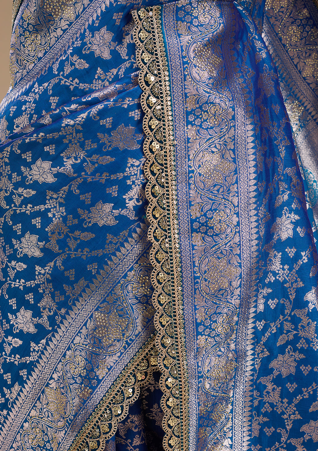 Royal Blue Silk Jaal Sequins Saree With Matching Blouse Piece