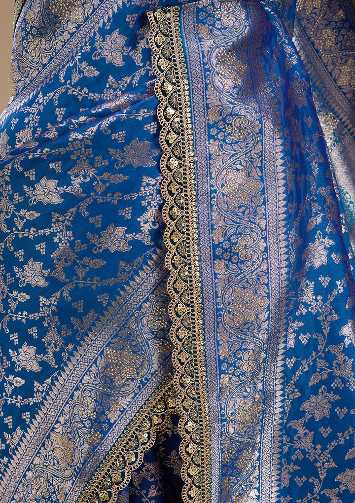 Royal Blue Silk Jaal Sequins Saree With Matching Blouse Piece