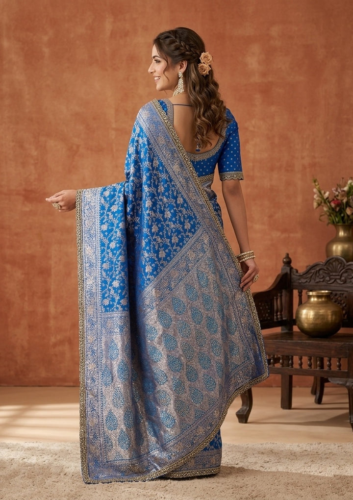 Royal Blue Silk Jaal Sequins Saree With Matching Blouse Piece