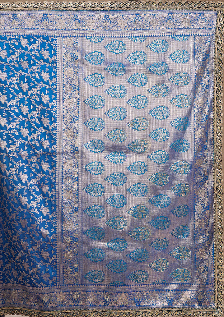 Royal Blue Silk Jaal Sequins Saree With Matching Blouse Piece