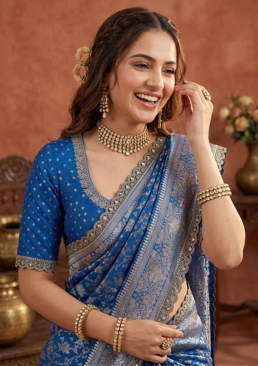 Royal Blue Silk Jaal Sequins Saree With Matching Blouse Piece