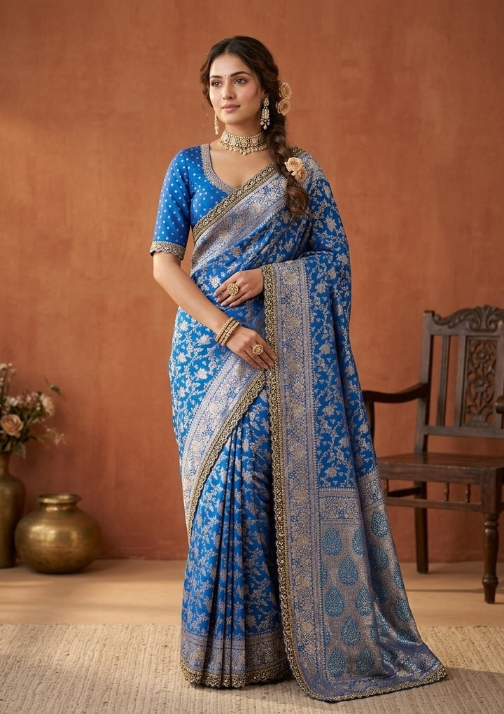 Royal Blue Silk Jaal Sequins Saree With Matching Blouse Piece