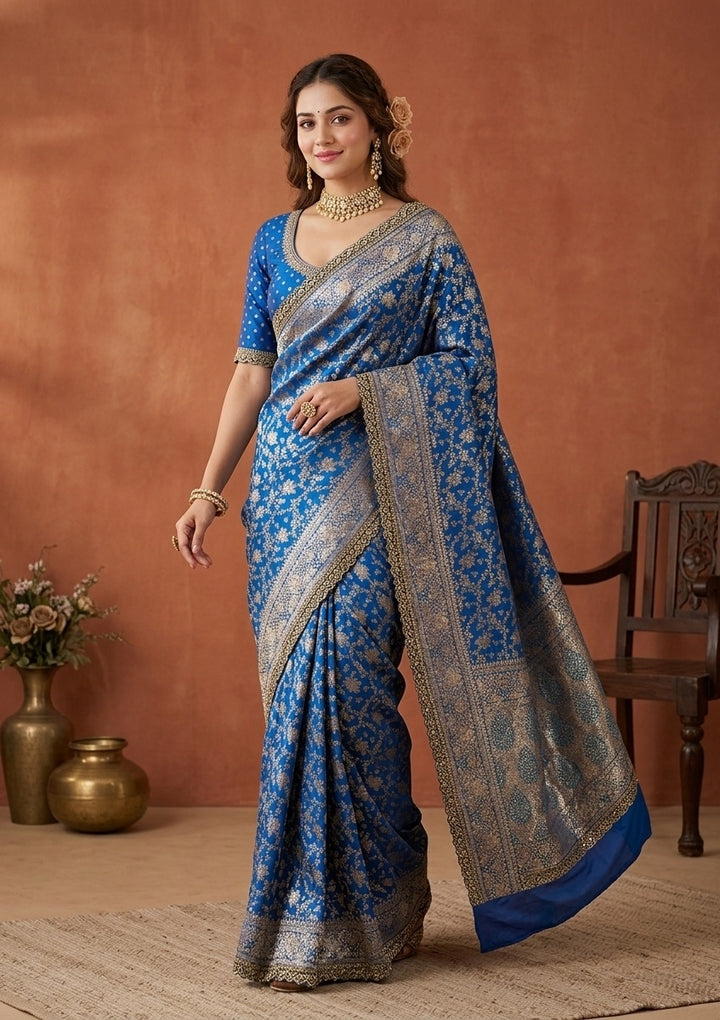 Royal Blue Silk Jaal Sequins Saree With Matching Blouse Piece