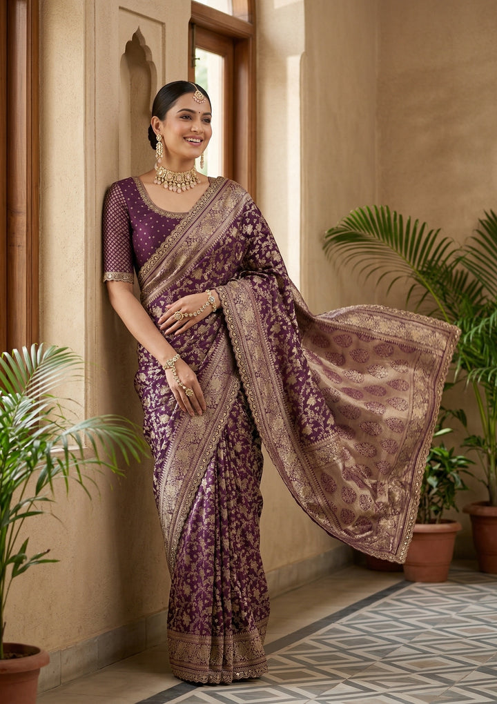 Wine Silk Jaal Sequins Saree With Matching Blouse Piece