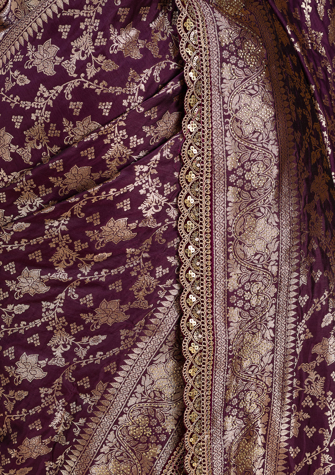Wine Silk Jaal Sequins Saree With Matching Blouse Piece
