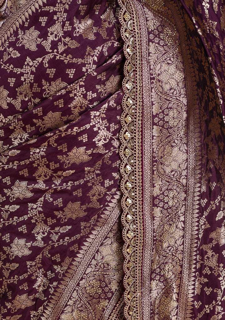 Wine Silk Jaal Sequins Saree With Matching Blouse Piece