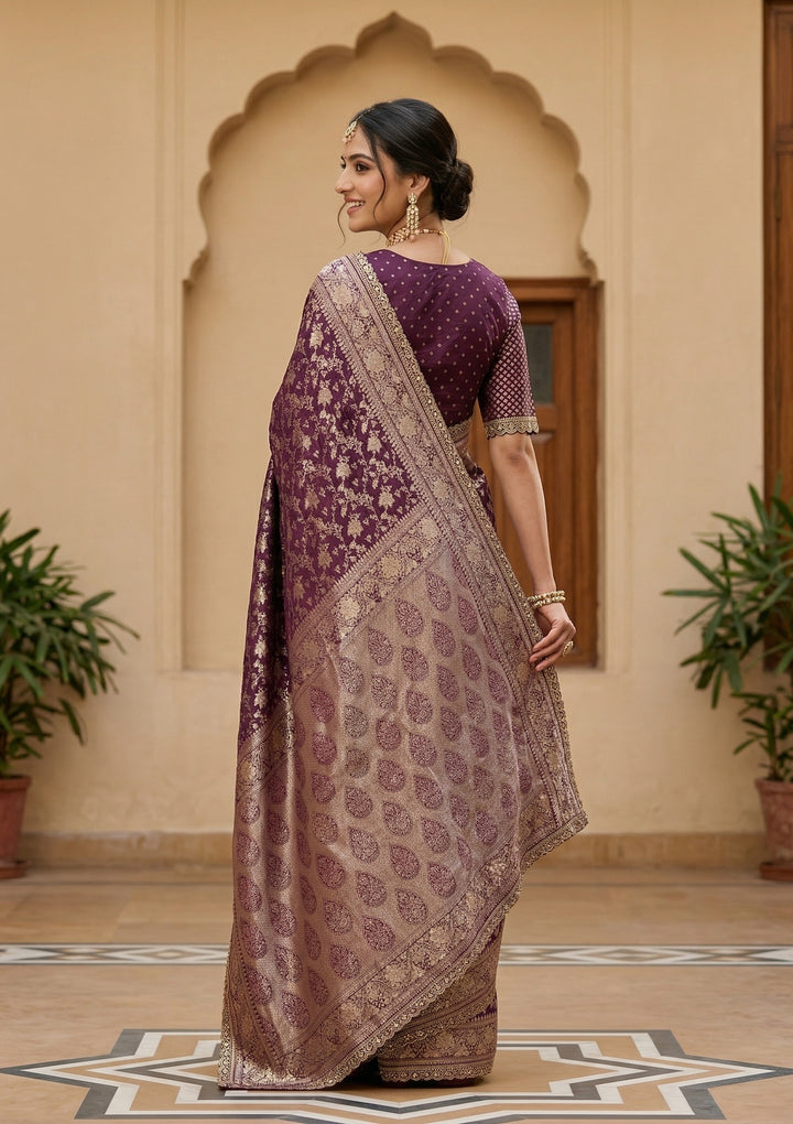 Wine Silk Jaal Sequins Saree With Matching Blouse Piece