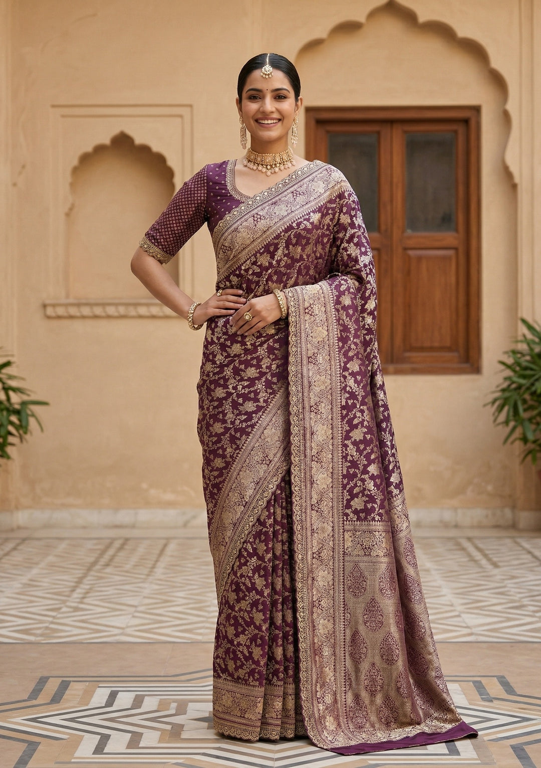 Wine Silk Jaal Sequins Saree With Matching Blouse Piece
