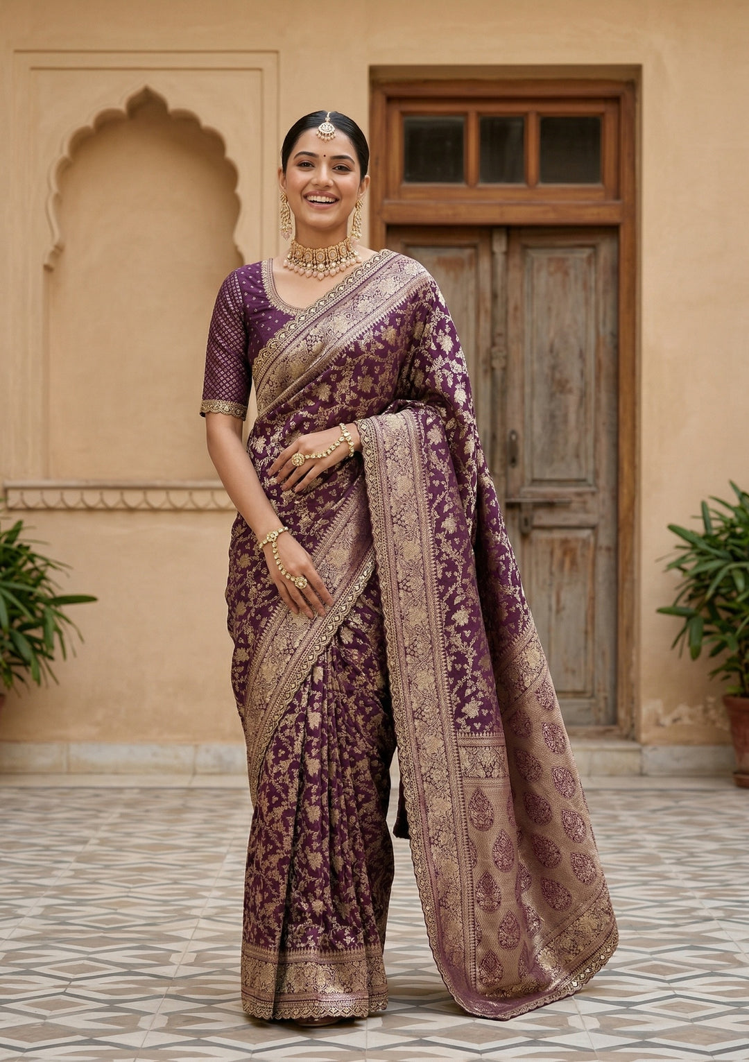 Wine Silk Jaal Sequins Saree With Matching Blouse Piece