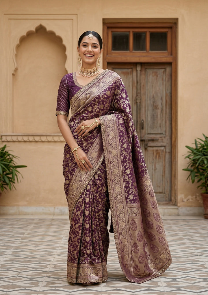 Wine Silk Jaal Sequins Saree With Matching Blouse Piece