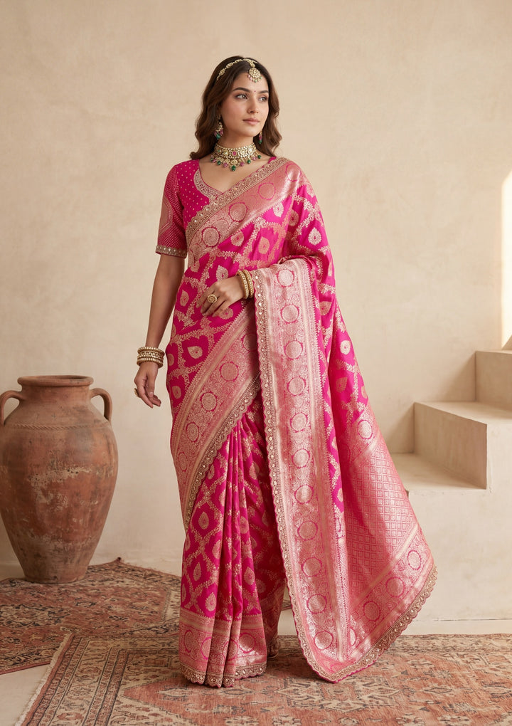 Rani Pink Silk Jaal Gold Stonework Saree With Matching Blouse Piece