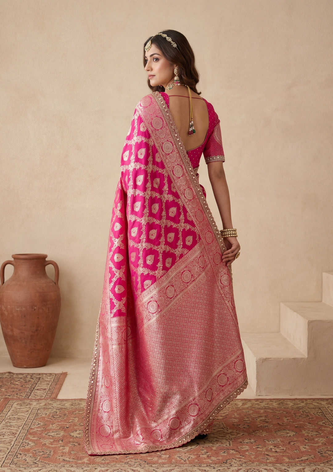 Rani Pink Silk Jaal Gold Stonework Saree With Matching Blouse Piece