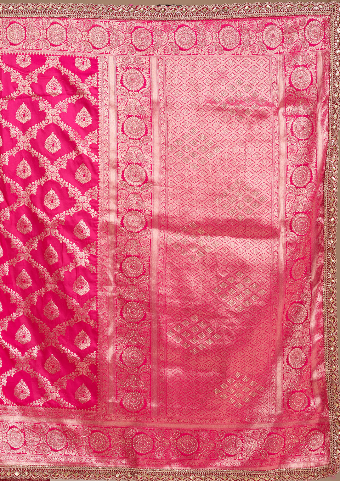 Rani Pink Silk Jaal Gold Stonework Saree With Matching Blouse Piece
