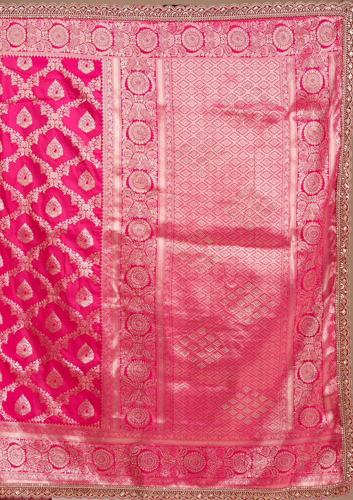 Rani Pink Silk Jaal Gold Stonework Saree With Matching Blouse Piece