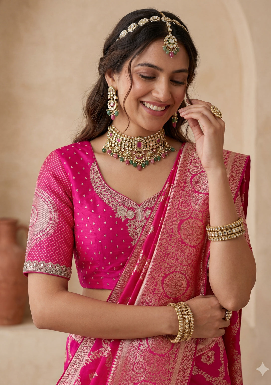 Rani Pink Silk Jaal Gold Stonework Saree With Matching Blouse Piece