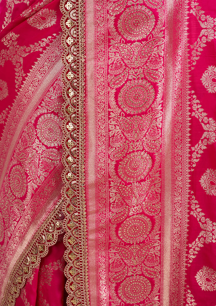 Rani Pink Silk Jaal Gold Stonework Saree With Matching Blouse Piece