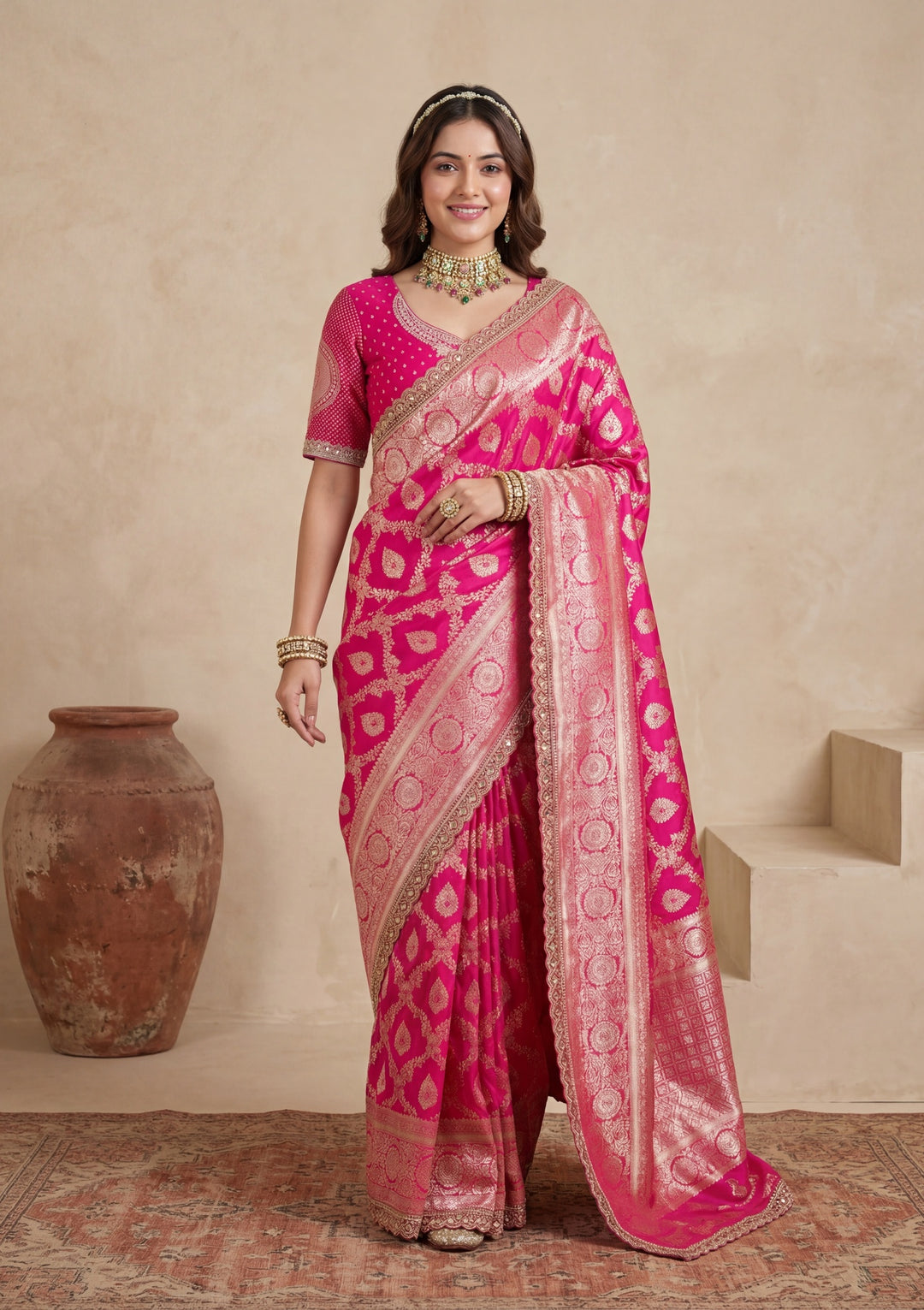 Rani Pink Silk Jaal Gold Stonework Saree With Matching Blouse Piece