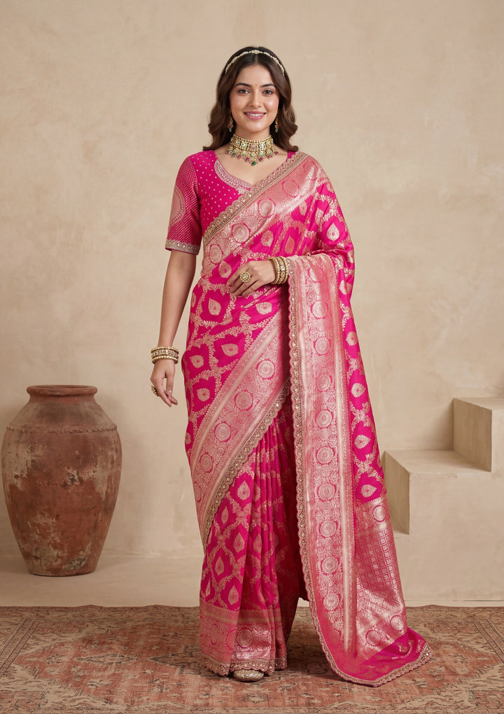 Rani Pink Silk Jaal Gold Stonework Saree With Matching Blouse Piece