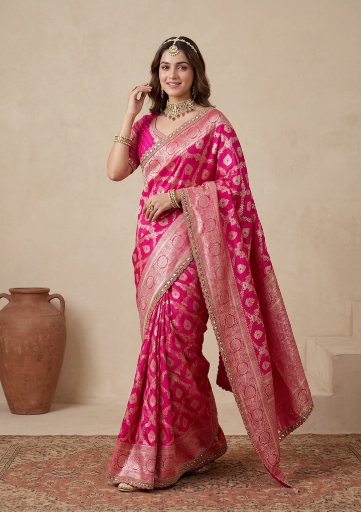 Rani Pink Silk Jaal Gold Stonework Saree With Matching Blouse Piece
