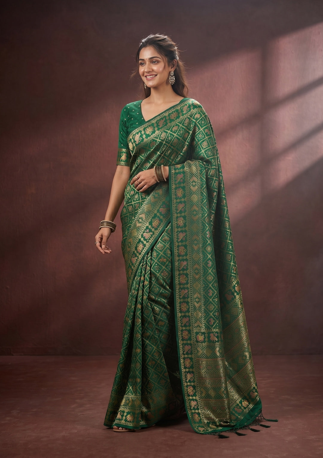 Bottle Green Patola Art Silk Saree