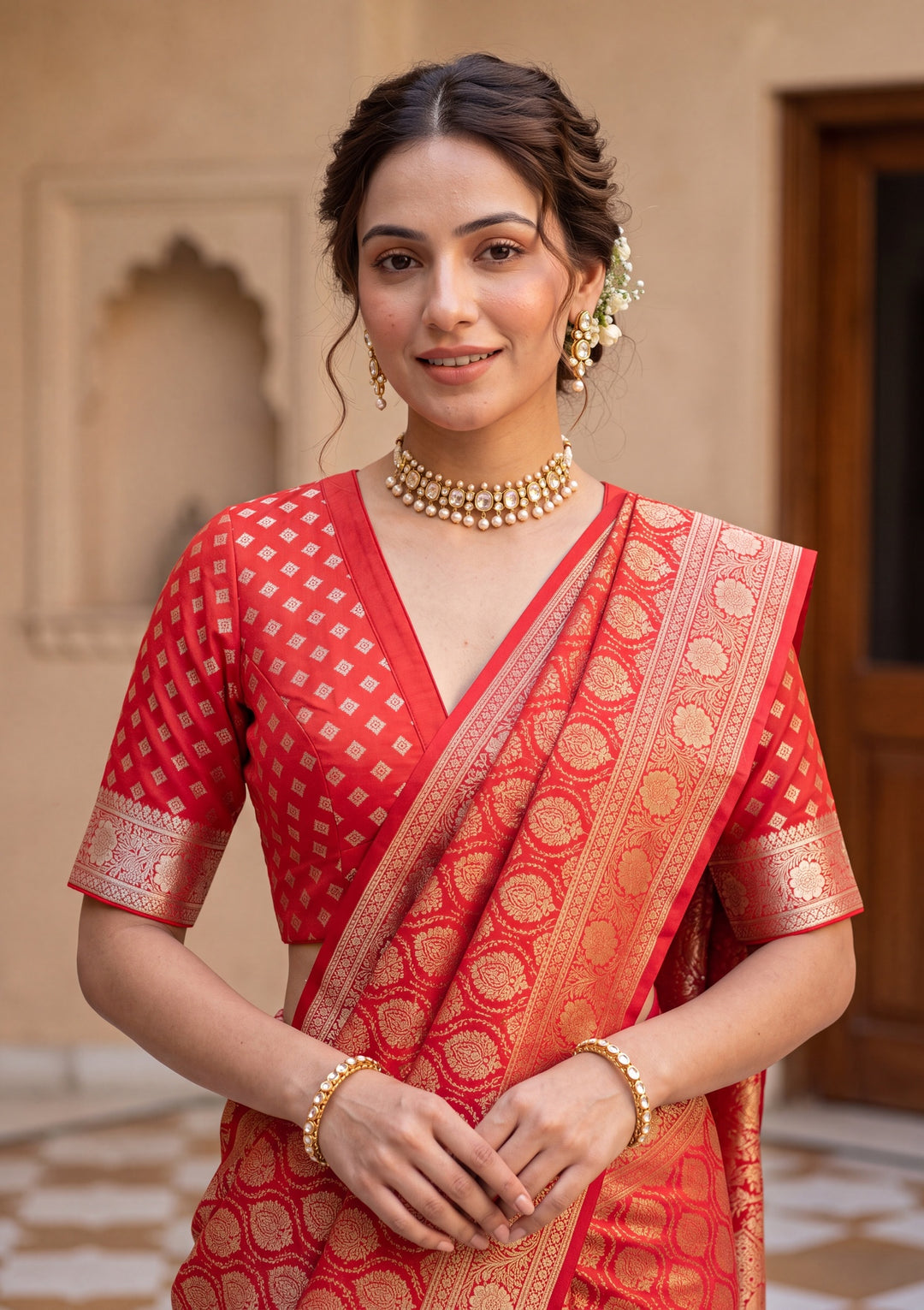 Red Banarasi Art Silk Saree With Matching Blouse Piece