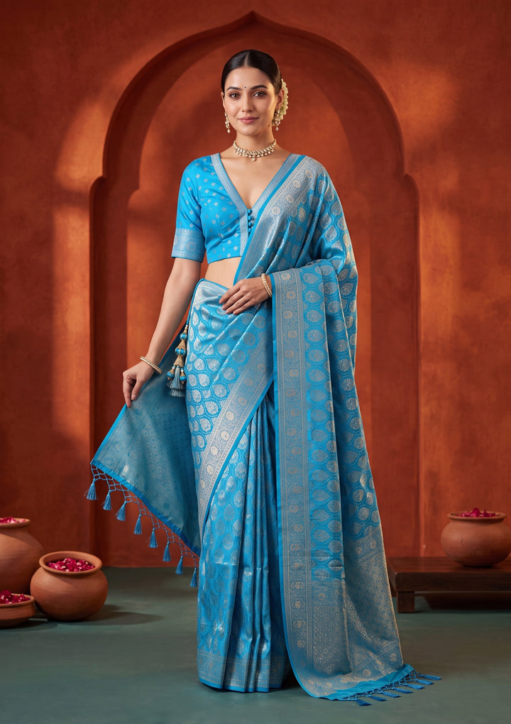 Turquoise Blue Banarasi Art Silk Saree With Matching Blouse Piece