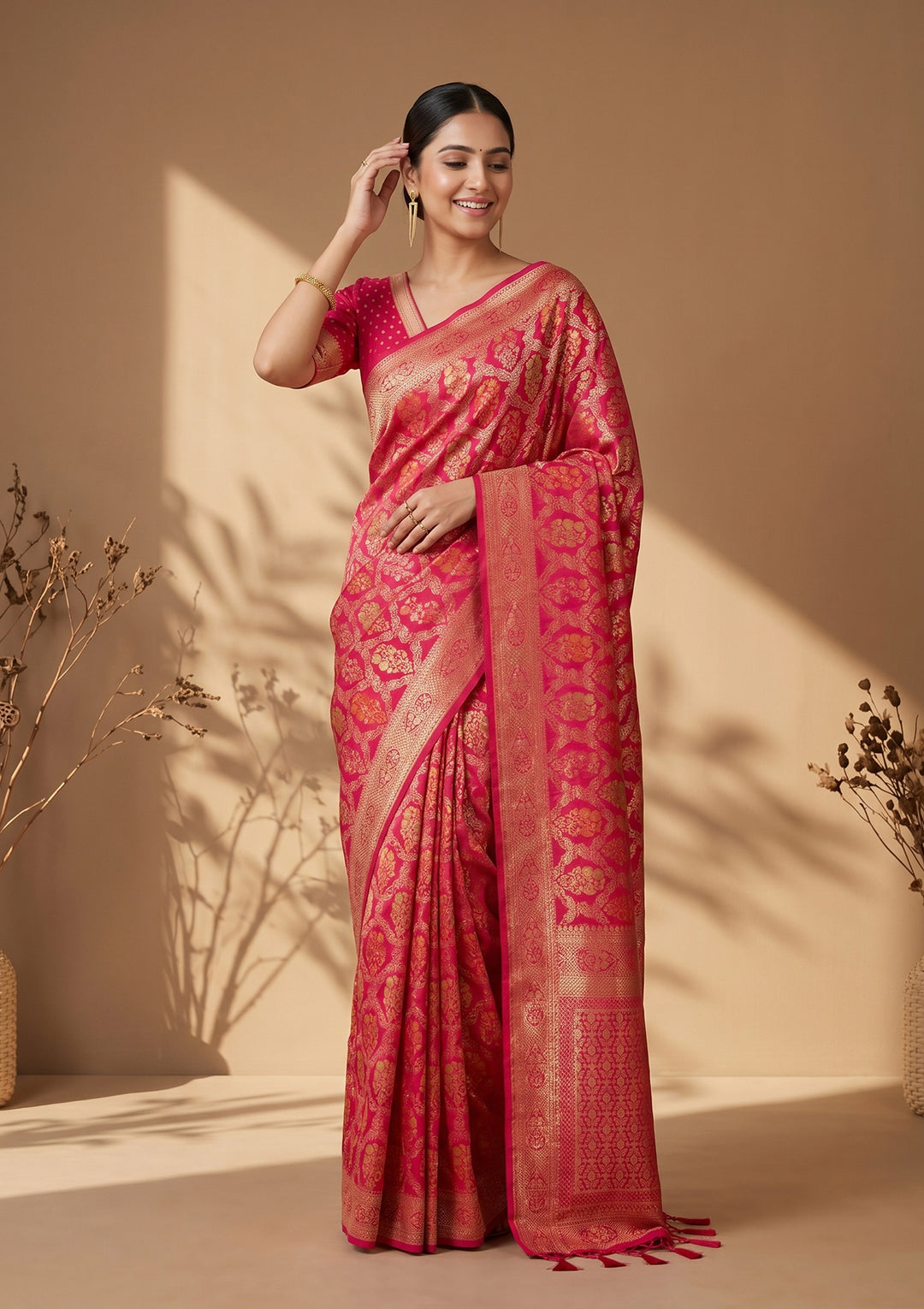 Rani Pink Banarasi Art Silk Saree